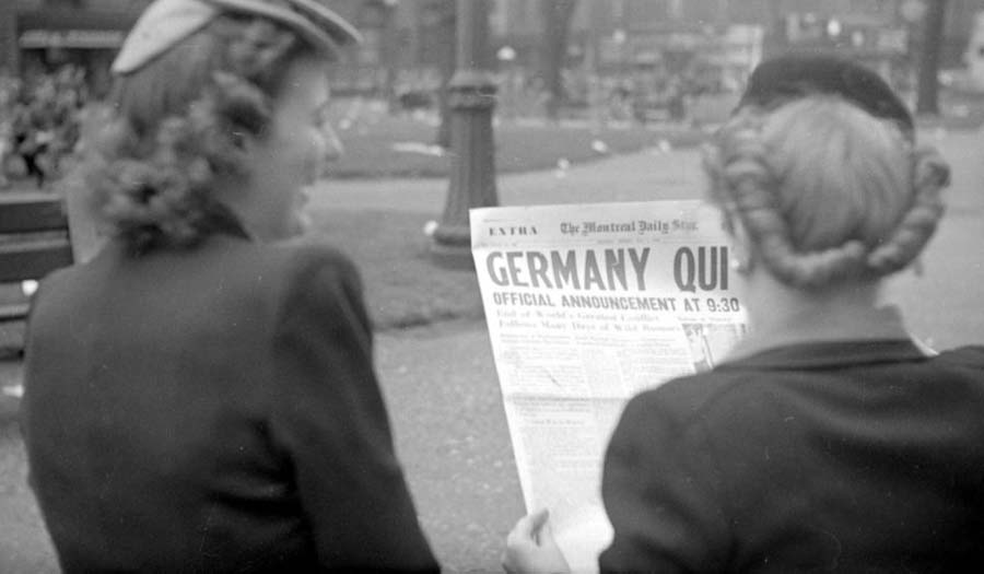 The front page of The Montreal Daily Star. The article announces the German surrender and the impending end of the World War II